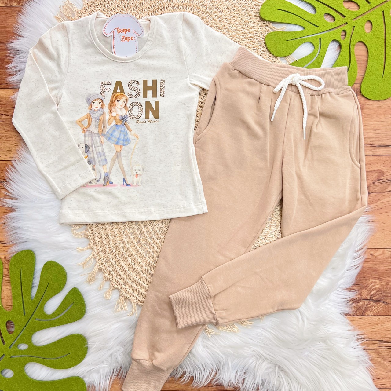 Conj. Blusa Manga Longa de Linho Fashion  e Calça de Moletom - Areia